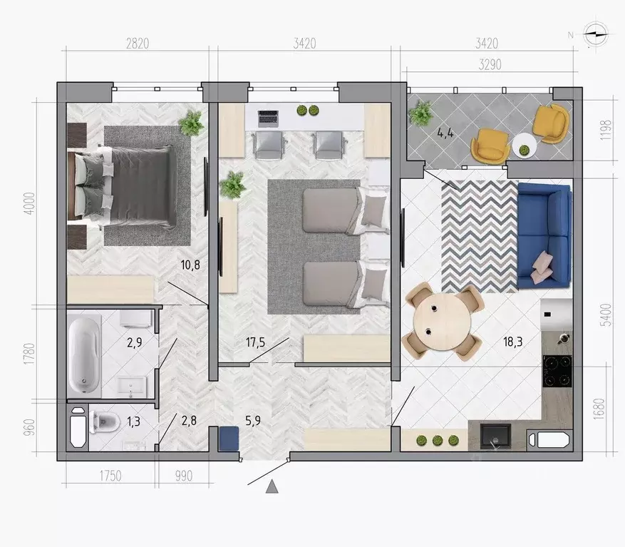 2-к кв. Воронежская область, Воронеж ул. Федора Тютчева, 105 (61.7 м) - Фото 1