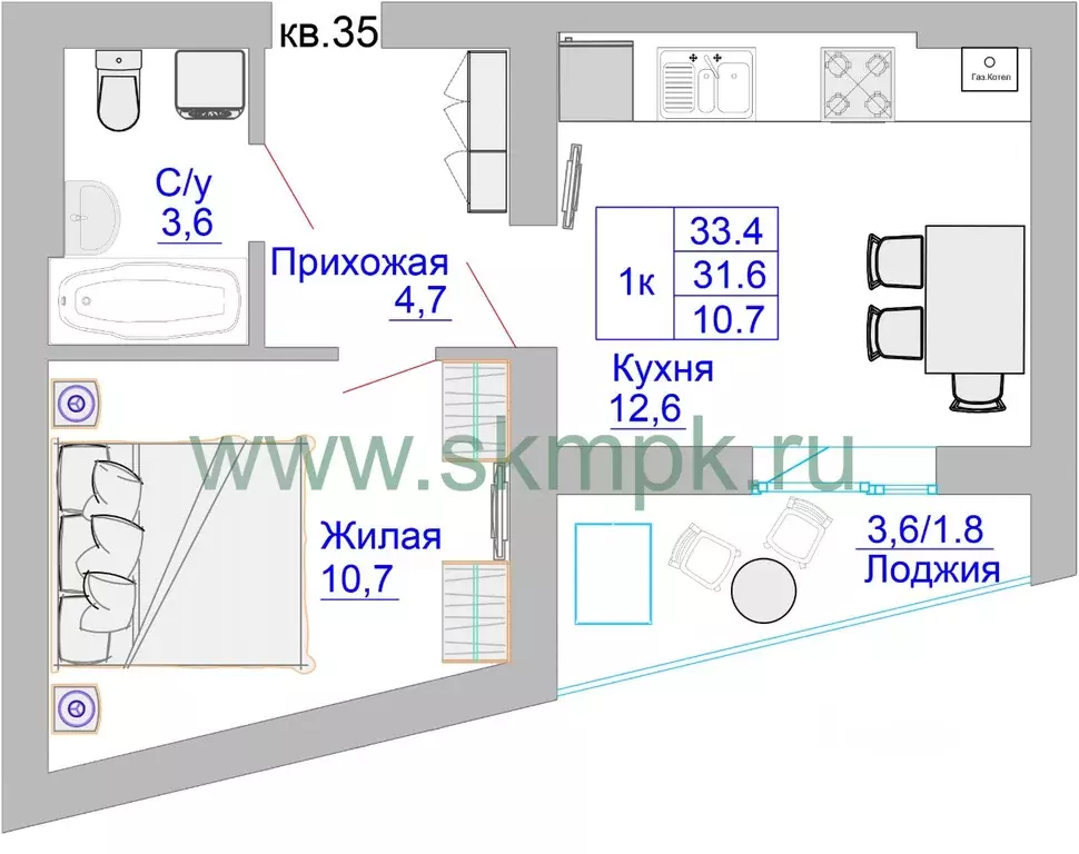 1-к кв. Калининградская область, Калининград Печатная ул. (33.4 м) - Фото 0