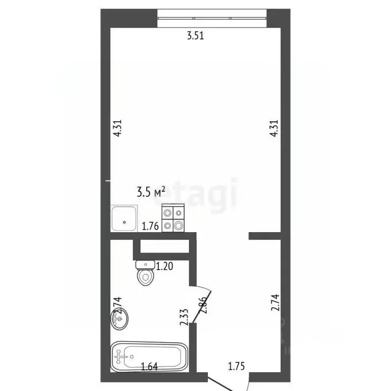 Студия Тюменская область, Тюмень Полевая ул., 108 (22.2 м) - Фото 1