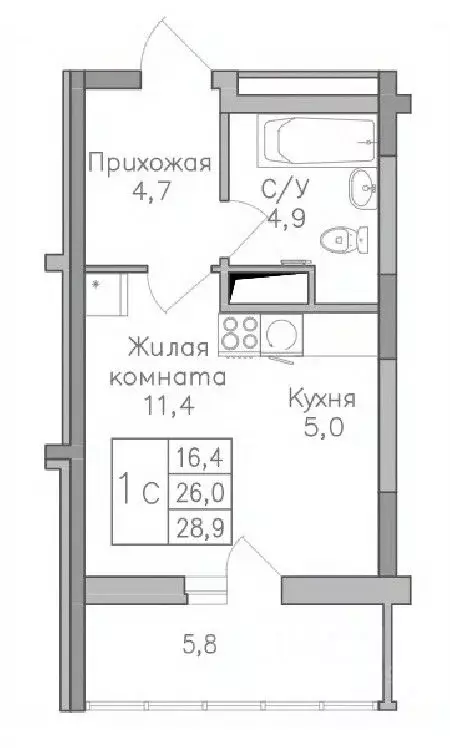 Студия Воронежская область, Воронеж Поколение жилой комплекс (28.8 м) - Фото 0