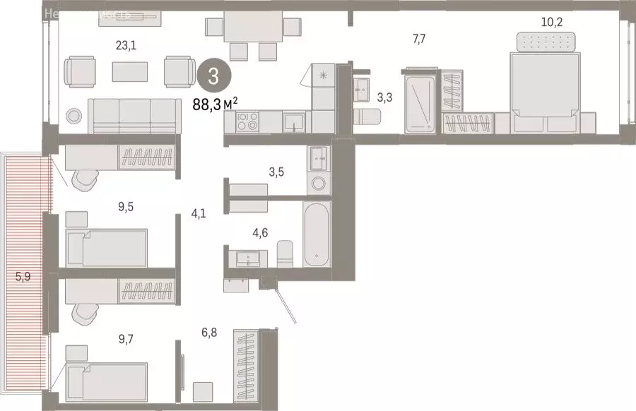 3-комнатная квартира: Тюмень, Ленинский округ (88.32 м) - Фото 1