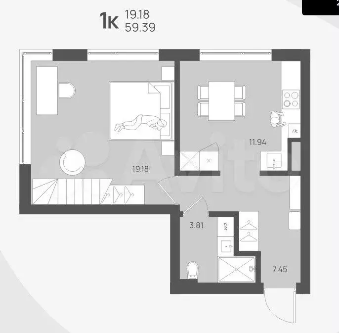 1-к. квартира, 59,4 м, 4/4 эт. - Фото 1