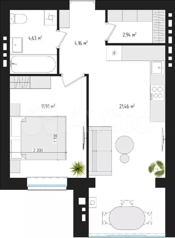 1-к. квартира, 43,7 м, 3/4 эт. - Фото 1