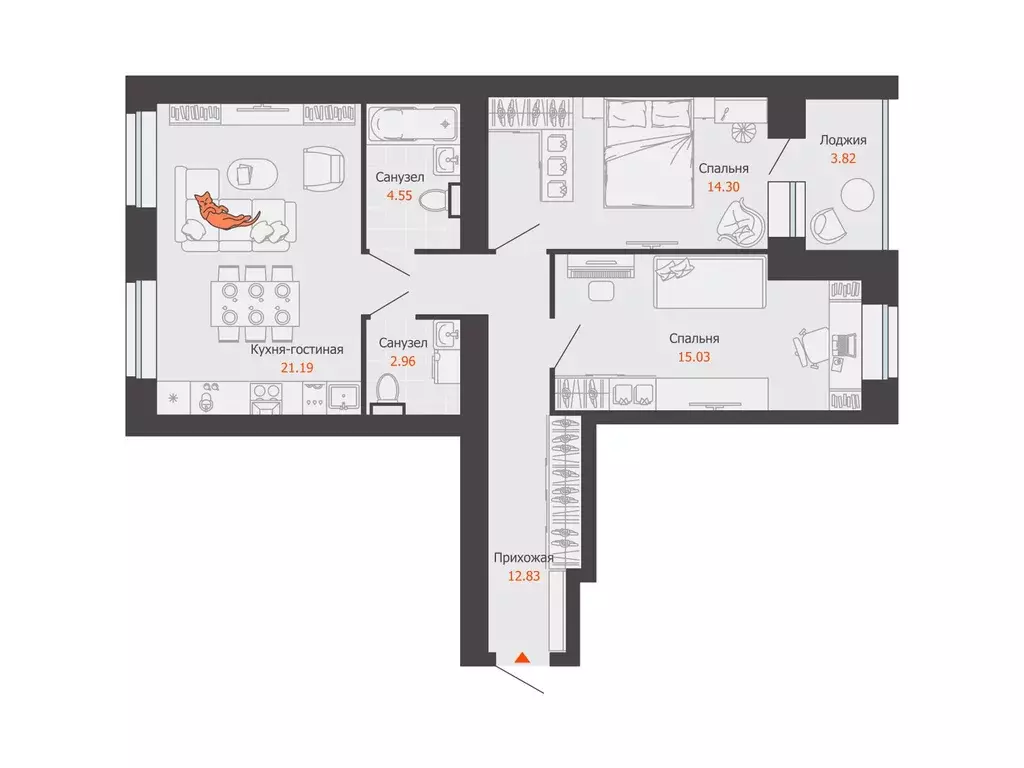 2-к квартира, 73 м - Фото 0