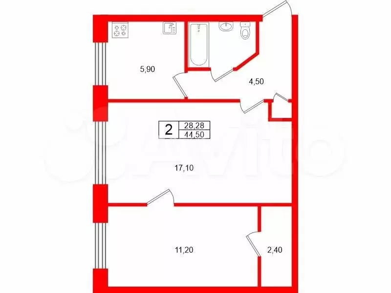 2-к. квартира, 44,5 м, 6/7 эт. - Фото 0