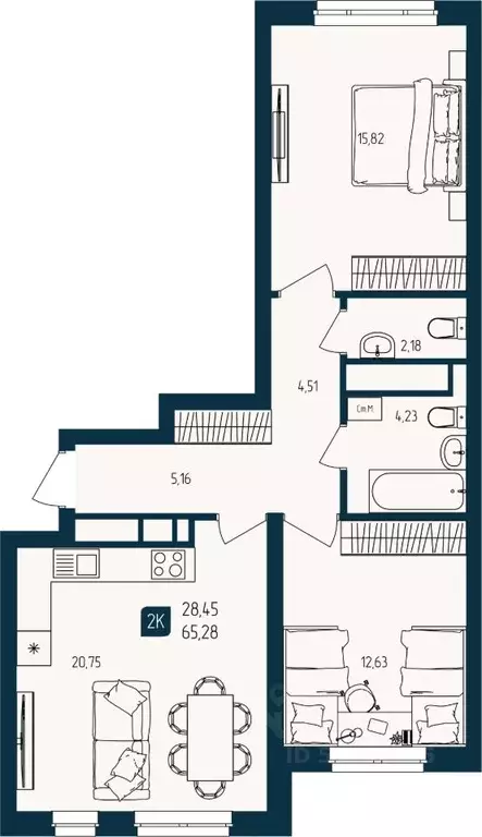 2-к кв. Тюменская область, Тюмень  (65.28 м) - Фото 0