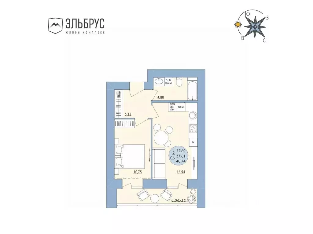 2-к кв. Башкортостан, Уфа Кавказская ул., 24 (40.74 м) - Фото 0