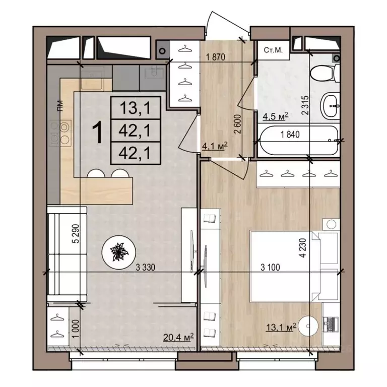 1-к кв. Рязанская область, Рязань ул. Новоселов, 33Б (42.1 м) - Фото 1