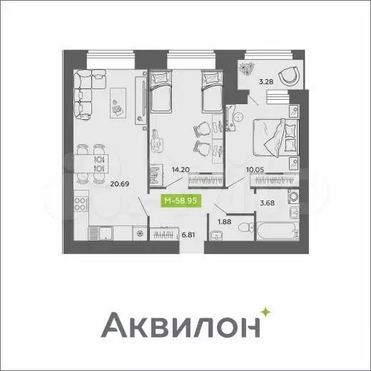 2-к. квартира, 59м, 3/11эт. - Фото 0