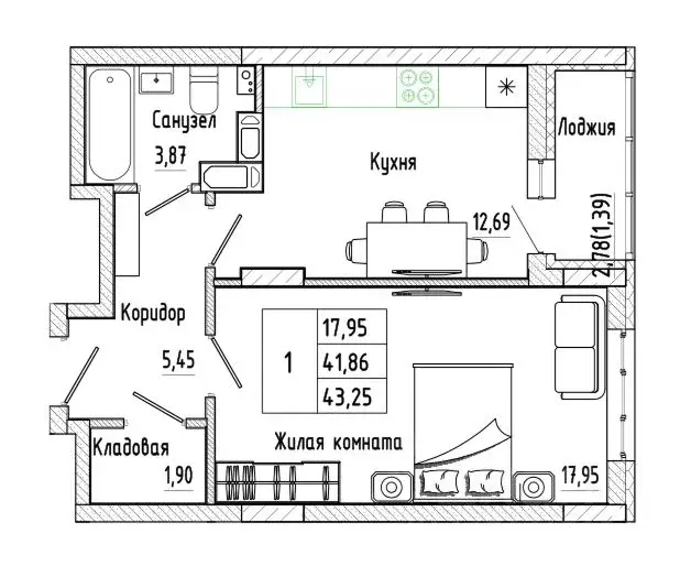 1-к кв. Воронежская область, Воронеж Нижняя ул., 32 (43.25 м) - Фото 1