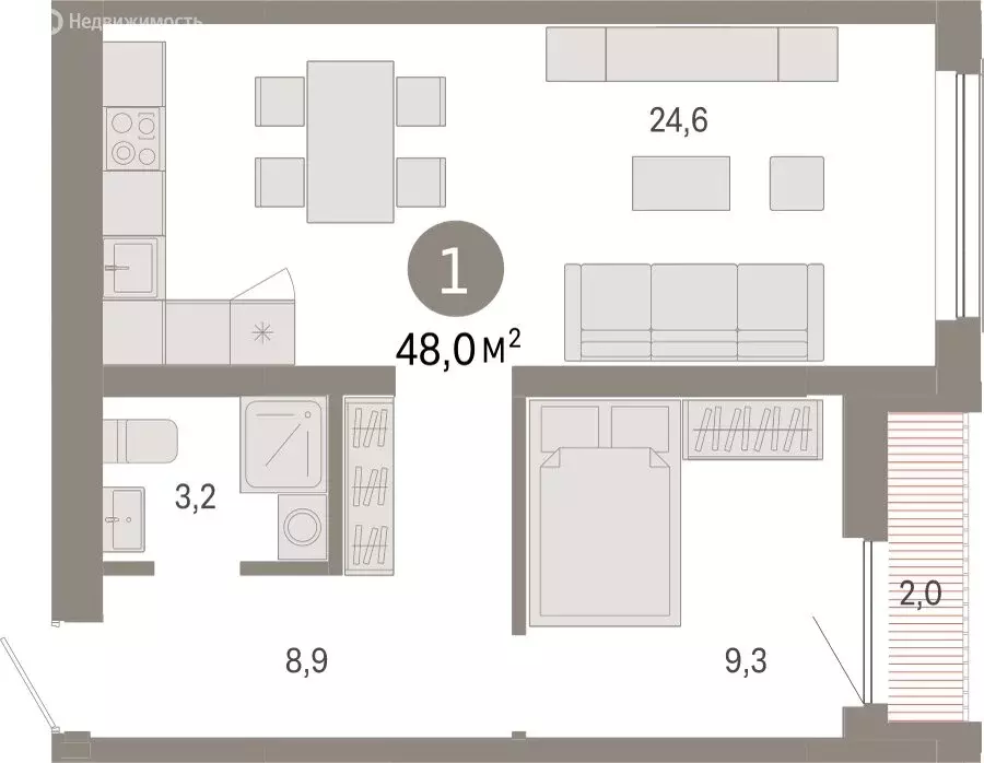 1-комнатная квартира: Новосибирск, Большевистская улица, с49 (48.02 м) - Фото 1