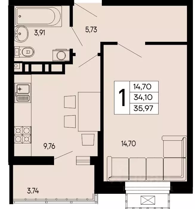 1-к кв. Адыгея, Майкоп 9 Мая ул. (35.97 м) - Фото 1