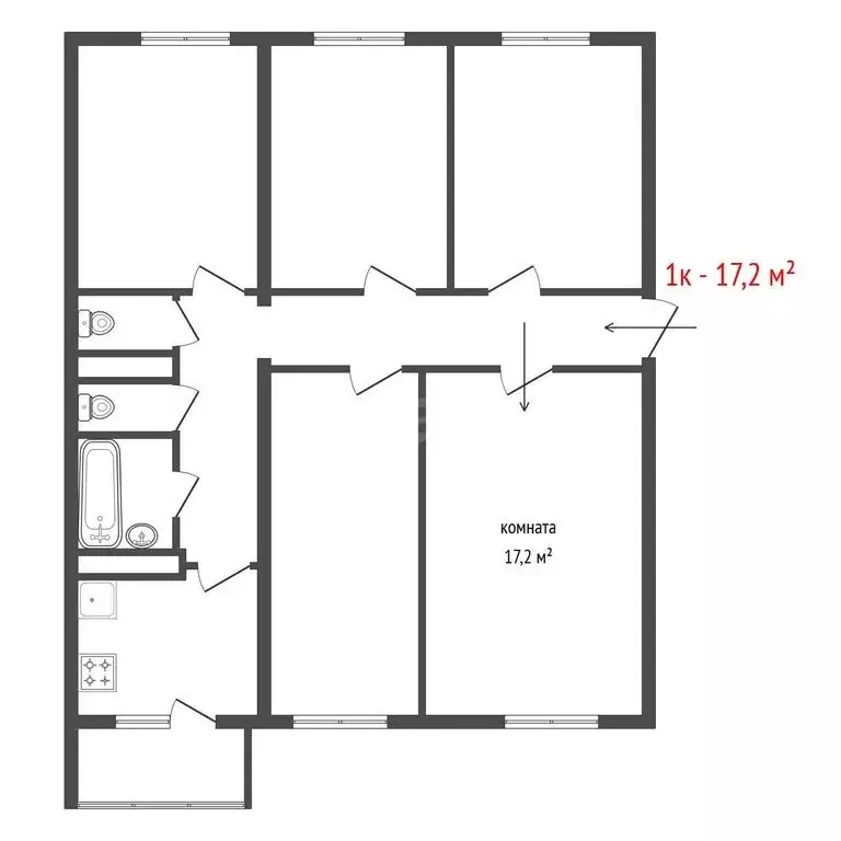1к в 5-комнатной квартире (17.2 м) - Фото 1