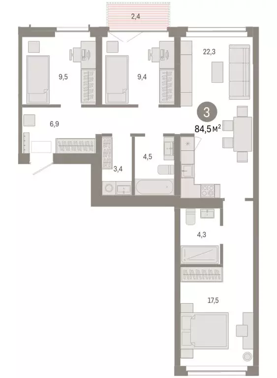 3-комнатная квартира: Новосибирск, Большевистская улица, 66 (84.47 м) - Фото 2