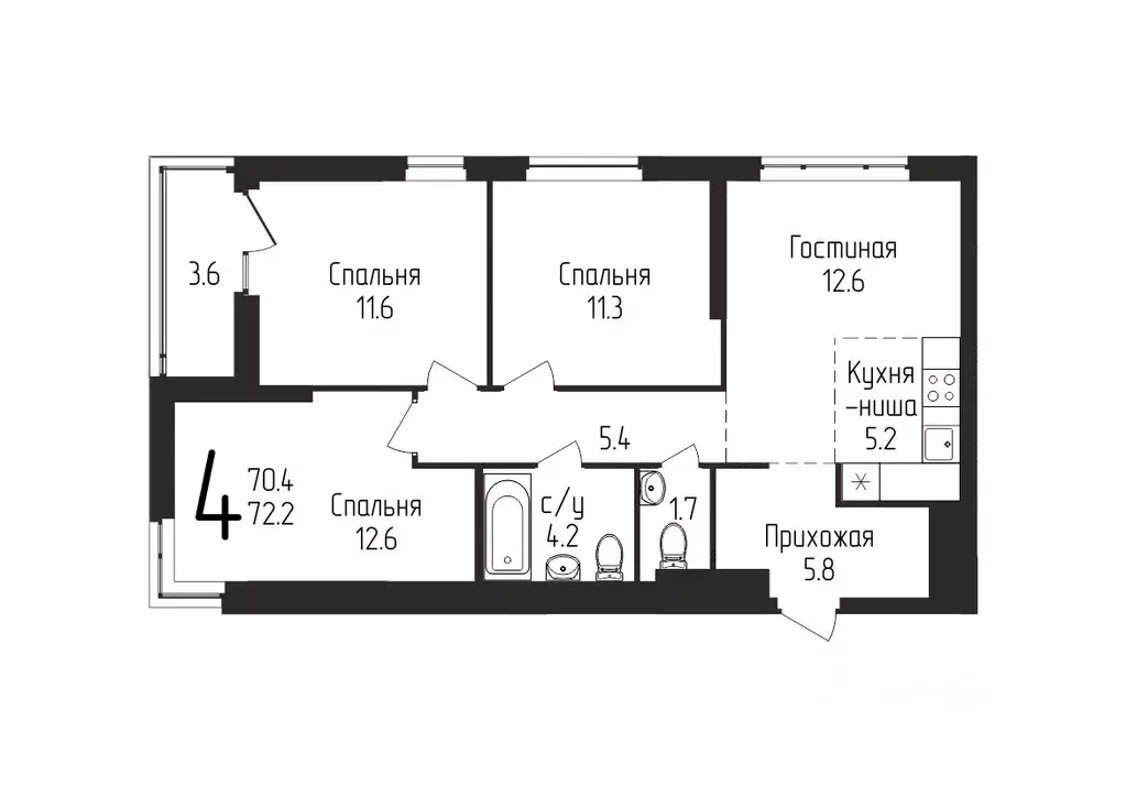 3-к кв. Башкортостан, Уфа ул. Бородинская, 19 (72.2 м) - Фото 1