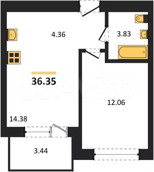 1-к. квартира, 36,4 м, 4/5 эт. - Фото 1