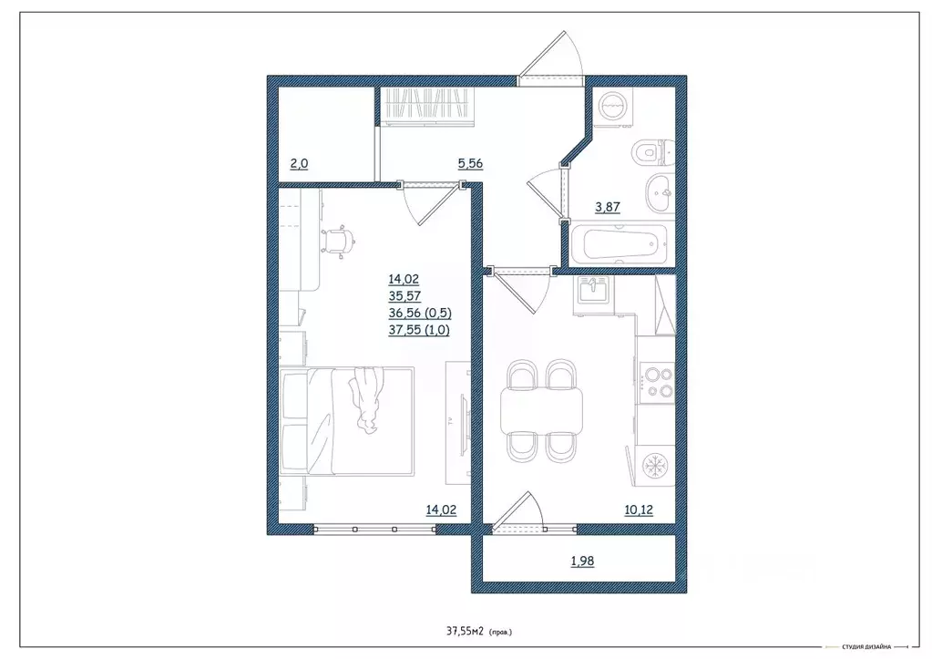 1-к кв. Тверская область, Тверь Новочеркасская ул., 48 (37.55 м) - Фото 2