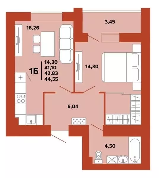 Квартира, 1 комната, 44.55 м - Фото 0