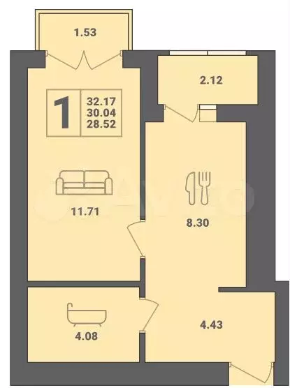 1-к. квартира, 32 м, 6/6 эт. - Фото 1