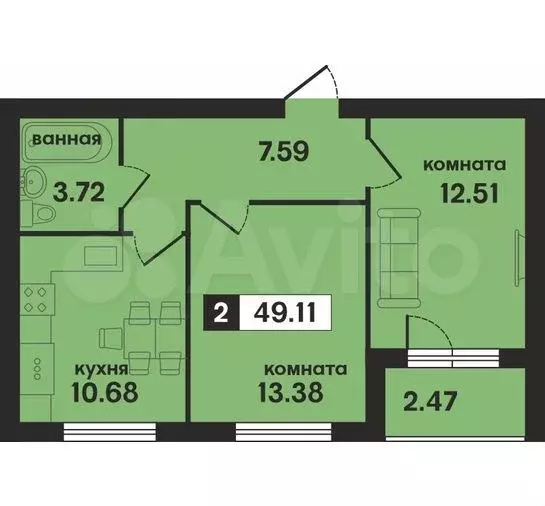 2-к. квартира, 49,1 м, 4/4 эт. - Фото 1