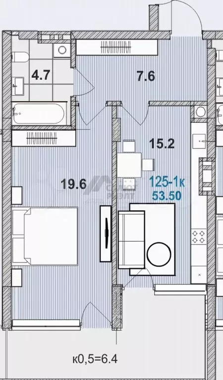 1-к. квартира, 53,5 м, 3/6 эт. - Фото 0