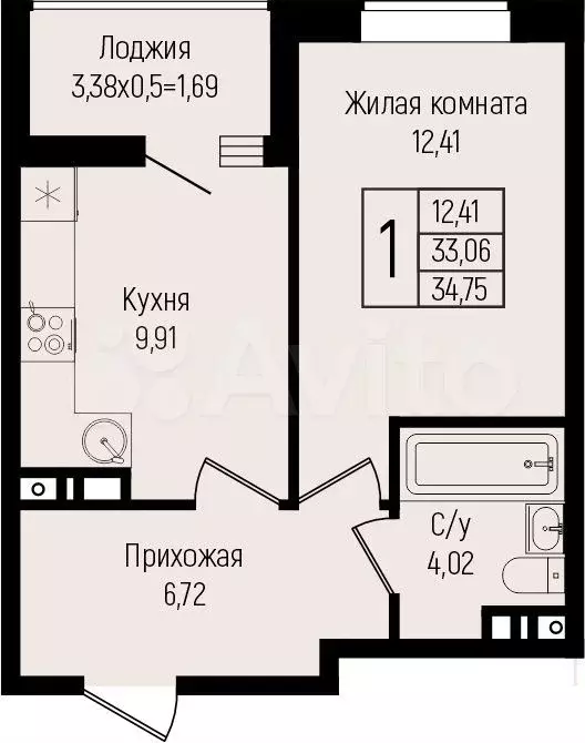 1-к. квартира, 34,8 м, 9/15 эт. - Фото 0