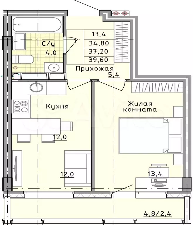 1-к. квартира, 39,6 м, 13/25 эт. - Фото 0