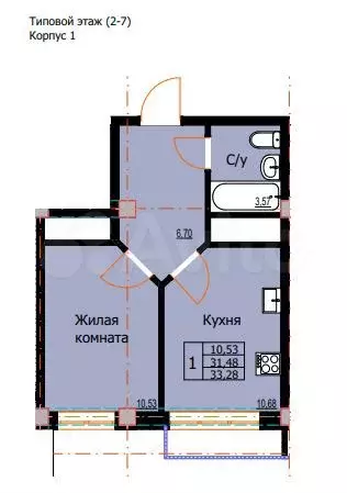 1-к. квартира, 33,3 м, 2/8 эт. - Фото 1