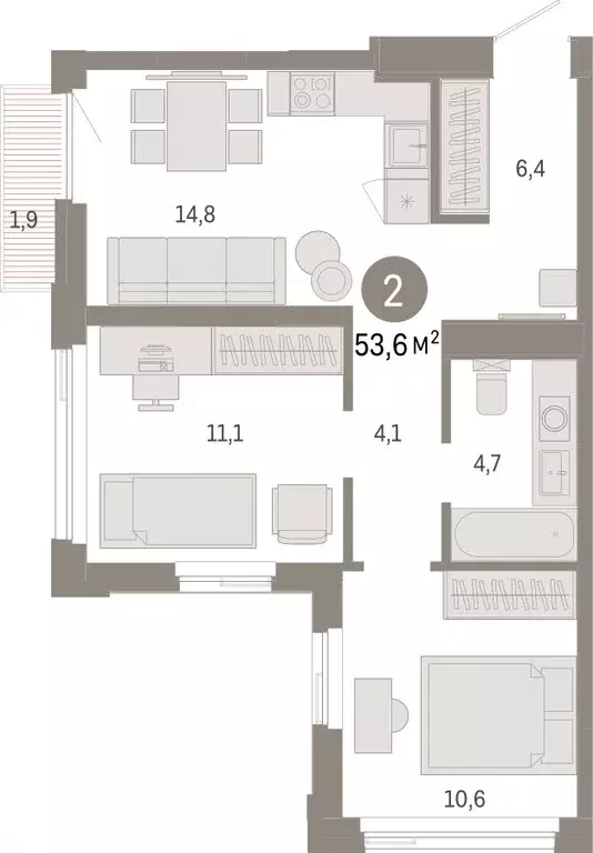 2-комнатная квартира: Тюмень, жилой комплекс Зарека (53.58 м) - Фото 1