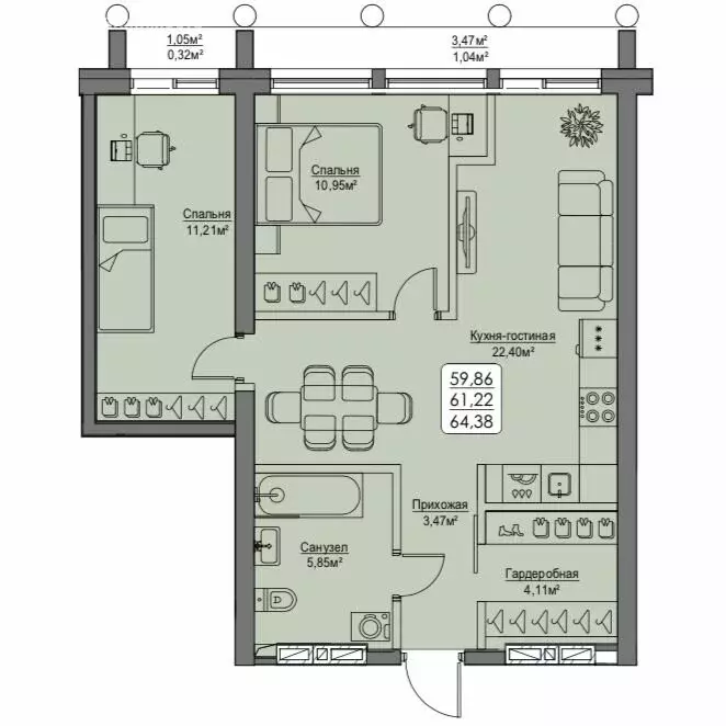 2-комнатная квартира: Владивосток, улица Мыс Кунгасный, 3Б (61.22 м) - Фото 2