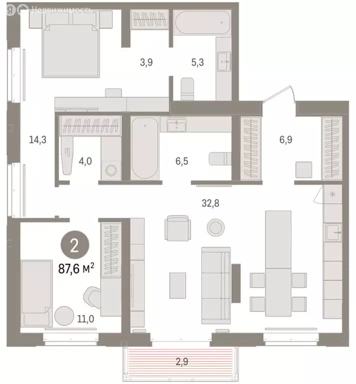 2-комнатная квартира: Тюмень, жилой комплекс На Минской (87.57 м) - Фото 1