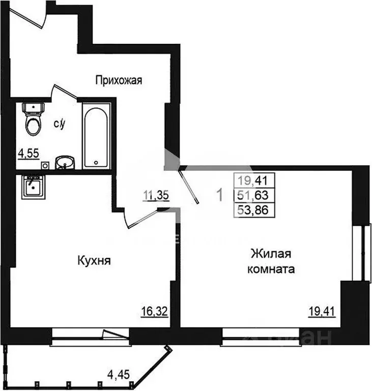 Квартира, 1 комната, 53.33 м - Фото 0