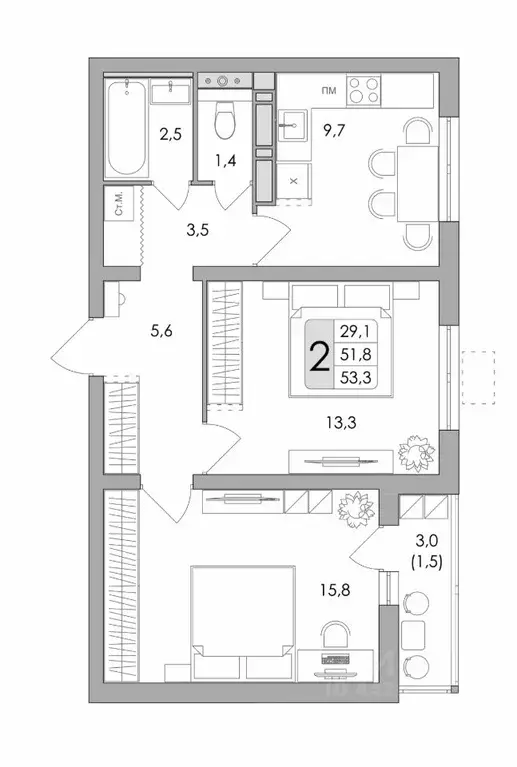 2-к кв. Воронежская область, Воронеж ул. Шишкова, 140Б/16 (53.3 м) - Фото 0