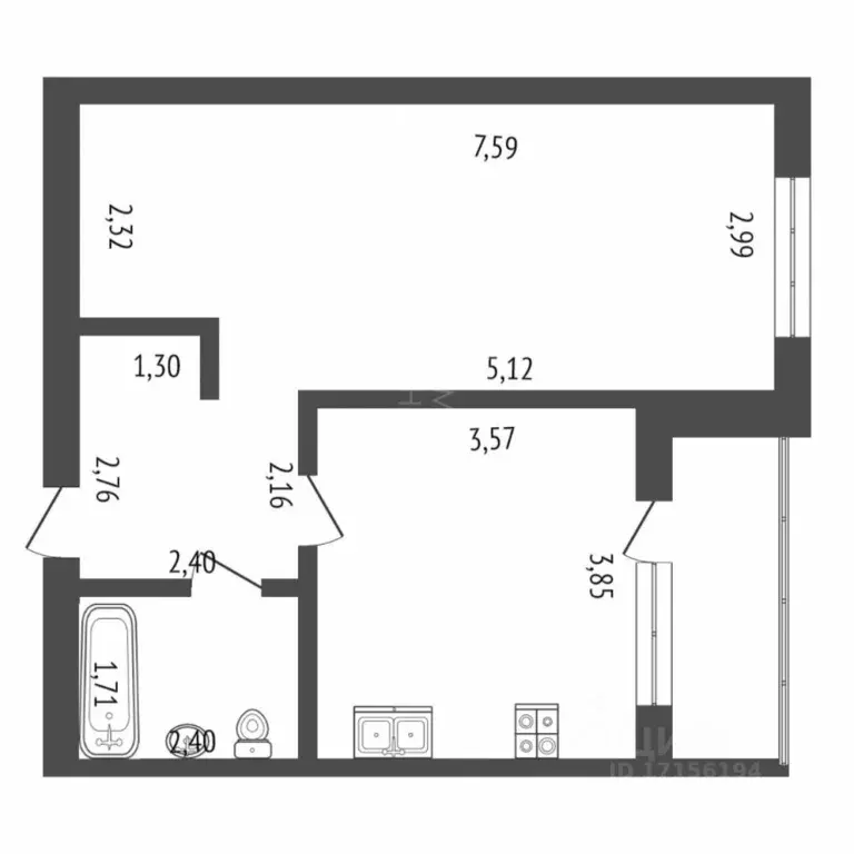 Студия Тюменская область, Тюмень ул. Вьюжная, 10 (34.0 м) - Фото 2