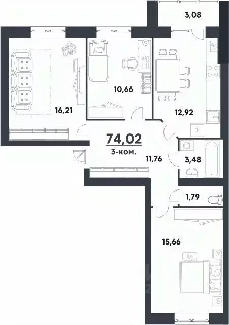 3-к кв. Волгоградская область, Волгоград Долина-2 жилрайон,  (74.02 м) - Фото 0