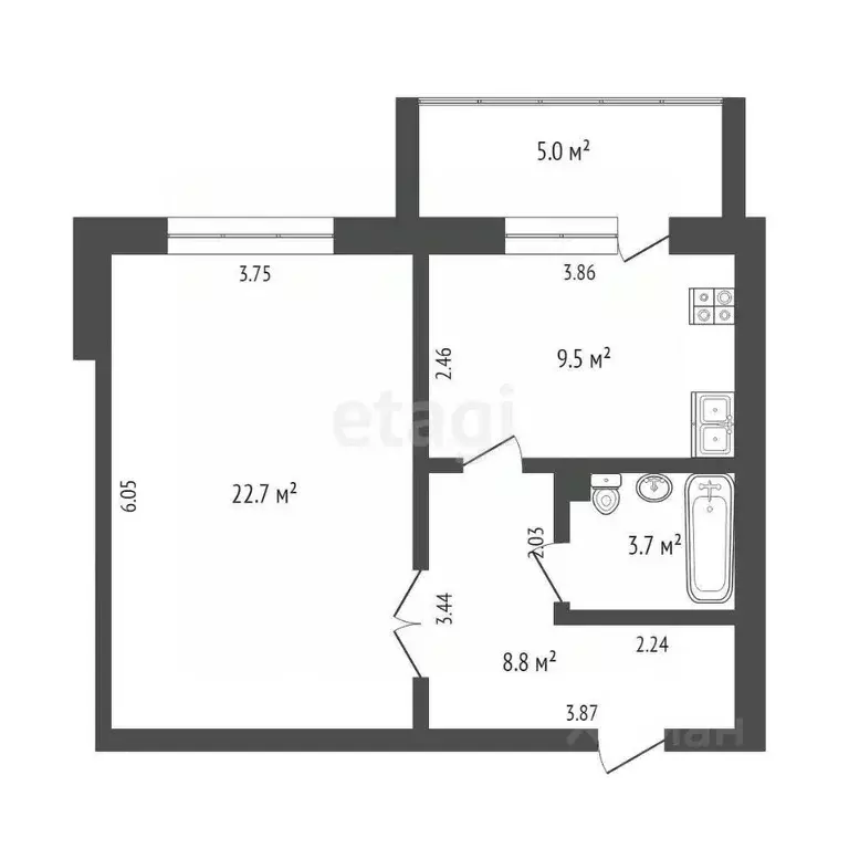 1-к кв. Тюменская область, Тюмень ул. 9 Января, 164к1 (44.8 м) - Фото 1