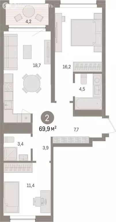 2-комнатная квартира: Тюмень, ЖК Дом у Озера (69.87 м) - Фото 1