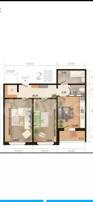 2-к кв. Липецкая область, Липецк ул. Хренникова, 5 (68.0 м) - Фото 1
