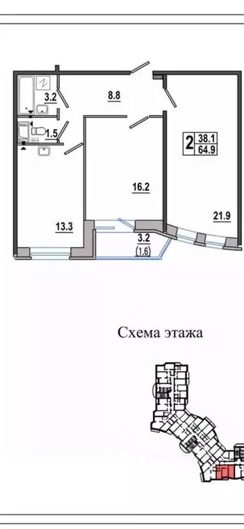 2-к кв. Санкт-Петербург ул. Бутлерова, 11к4 (64.2 м) - Фото 1