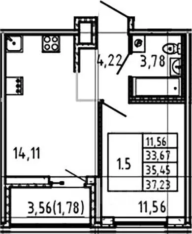 Квартира, 1 комната, 35.45 м - Фото 0