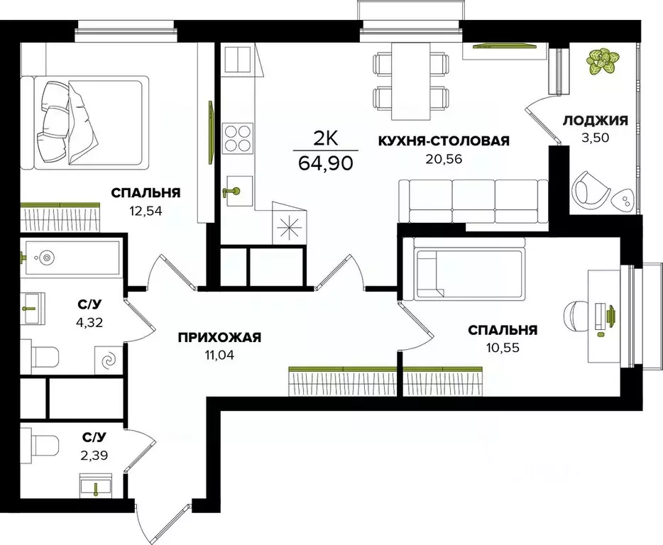 2-к кв. Тульская область, Тула  (64.9 м) - Фото 0