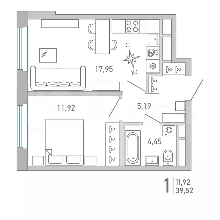 1-к. квартира, 39,5 м, 3/16 эт. - Фото 0