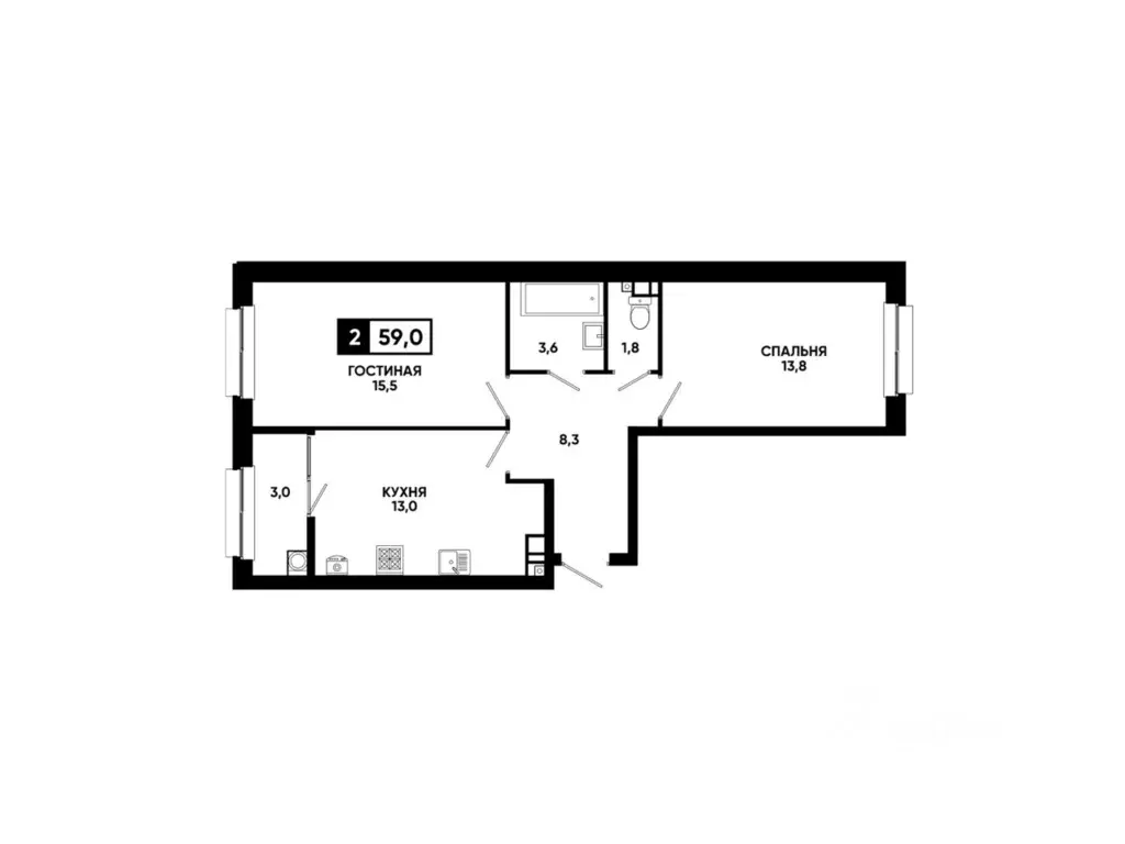2-к кв. Ставропольский край, Ставрополь ул. Андрея Голуба, 12к11 (59.0 ... - Фото 2