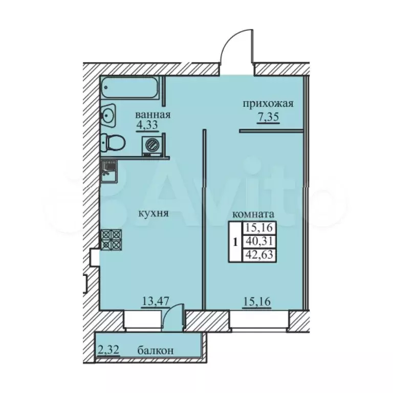 1-к. квартира, 42,6 м, 1/5 эт. - Фото 0