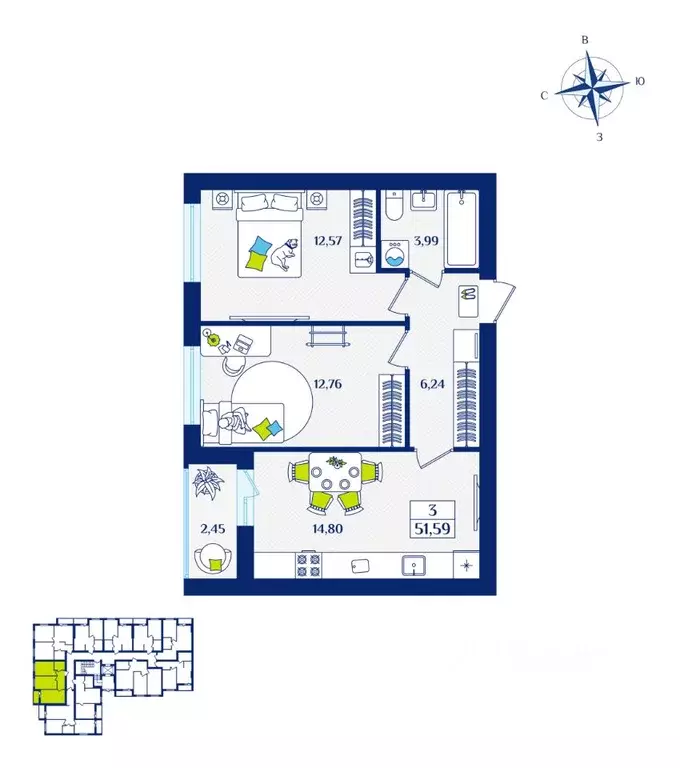 2-к кв. Калининградская область, Зеленоградск  (51.59 м) - Фото 1