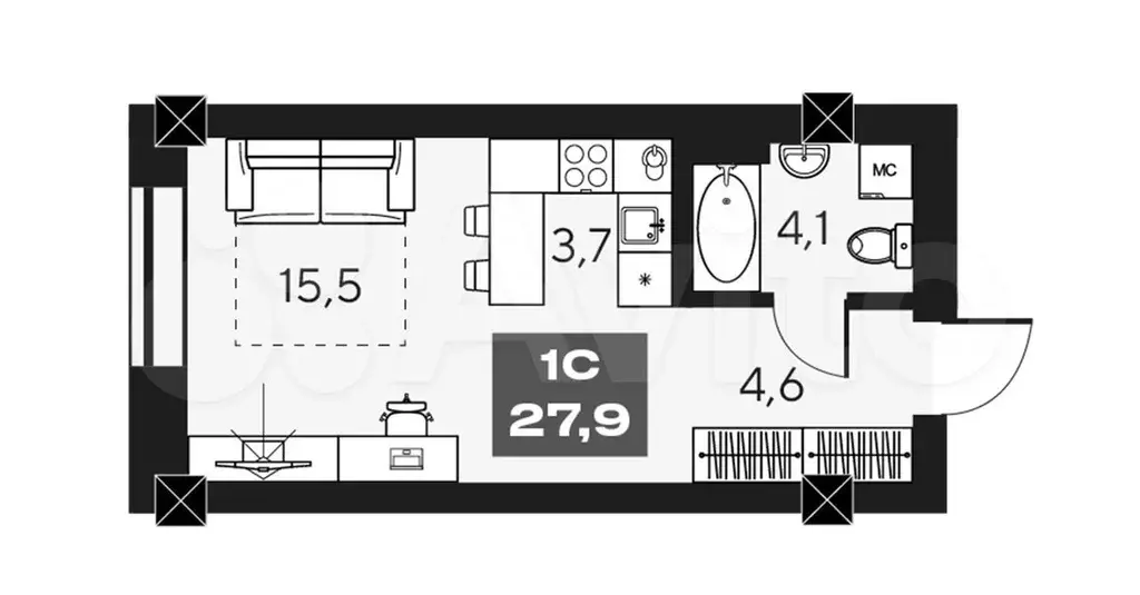 Апартаменты-студия, 27,9 м, 6/14 эт. - Фото 0