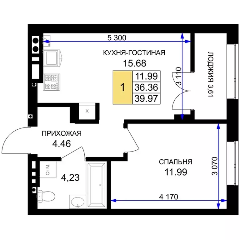 1-комнатная квартира: Гурьевск, жилой комплекс Включи (39.97 м) - Фото 0