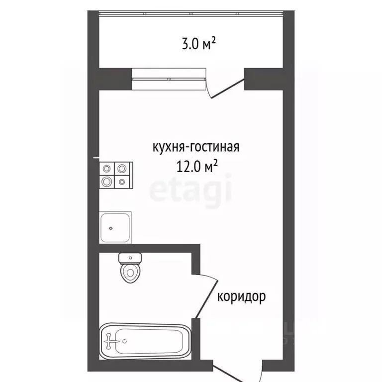 Студия Тюменская область, Тюмень ул. Новоселов, 115 (15.8 м) - Фото 2