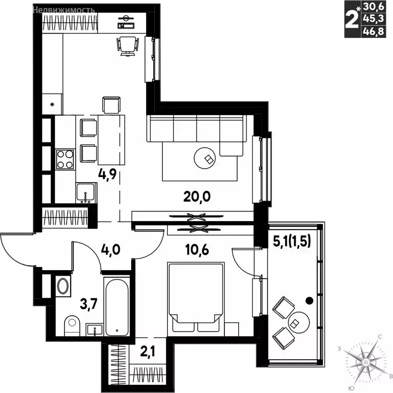 2-комнатная квартира: Кондратово, ЖК Мы (46.8 м) - Фото 0