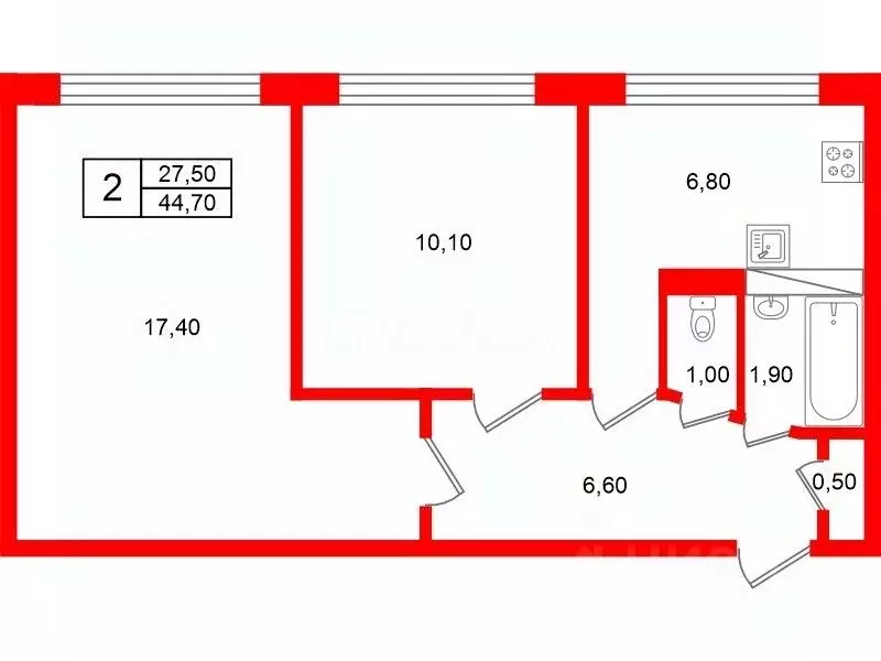2-к кв. Санкт-Петербург Софийская ул., 29К1 (44.7 м) - Фото 1